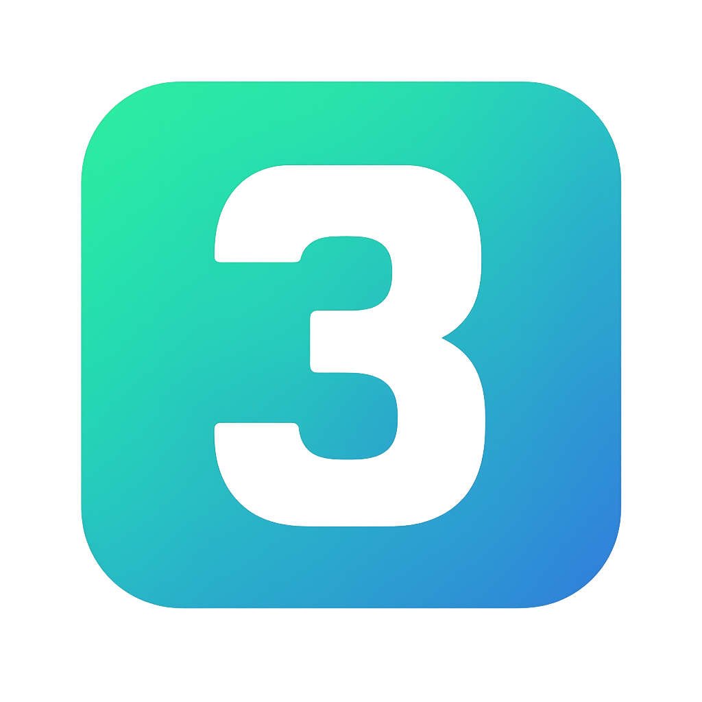 Design an icon representing the number 3 by utilizing a vibrant gradient that seamlessly blends shades of green and blue giving it a dynamic and modern appearance The icon should be enclosed within a square shape ensuring that the edges are crisp and